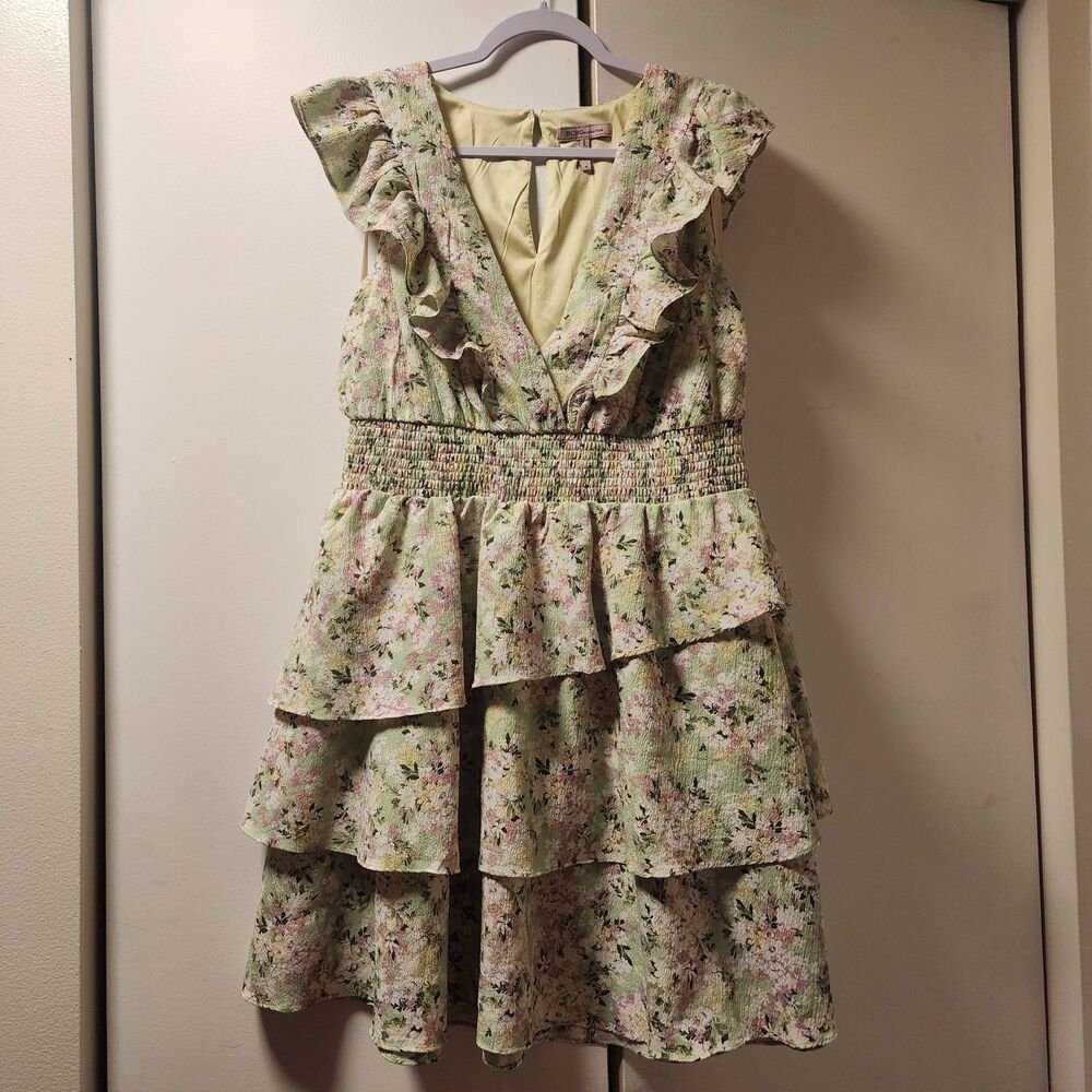 BCBGeneration Light Green Pink Floral Ruffle Sleeveless Fit & Flare Dress XL